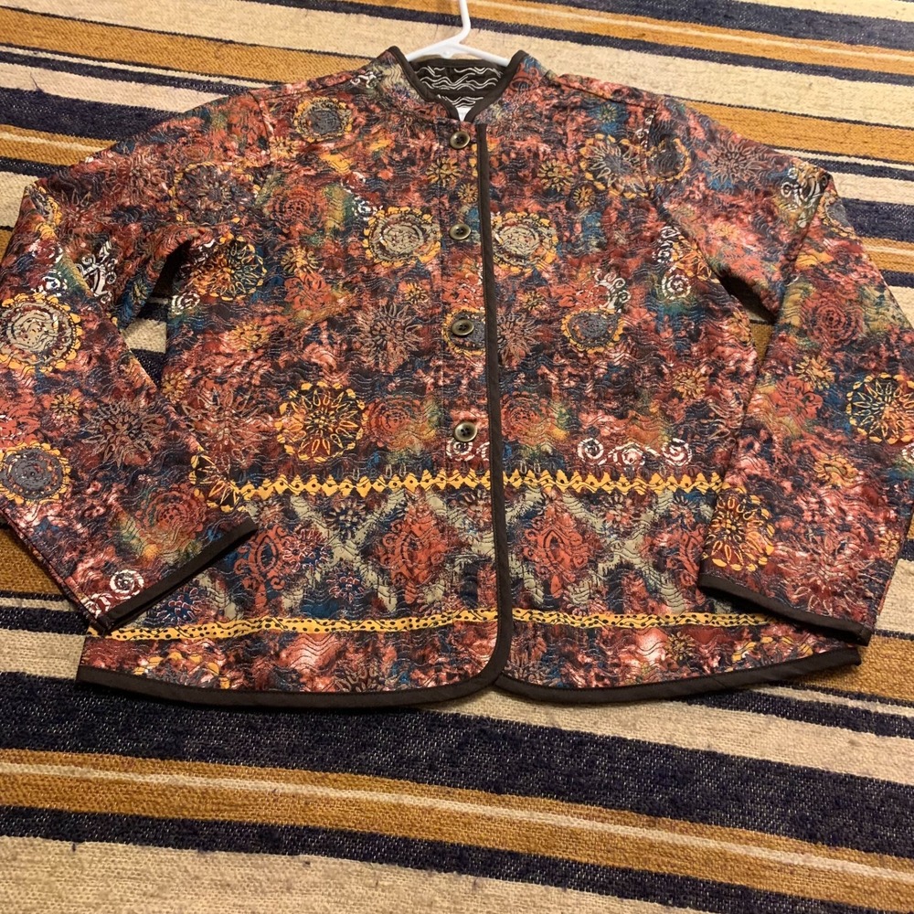 Christopher & Banks Jacket S Brown Multicolor Quilted Boho Art to Wear Mature